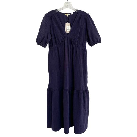 BODEN Navy Blue Jersey Seersucker Puff Sleeve V-Neck Cotton Midi Dress - Picture 6 of 11